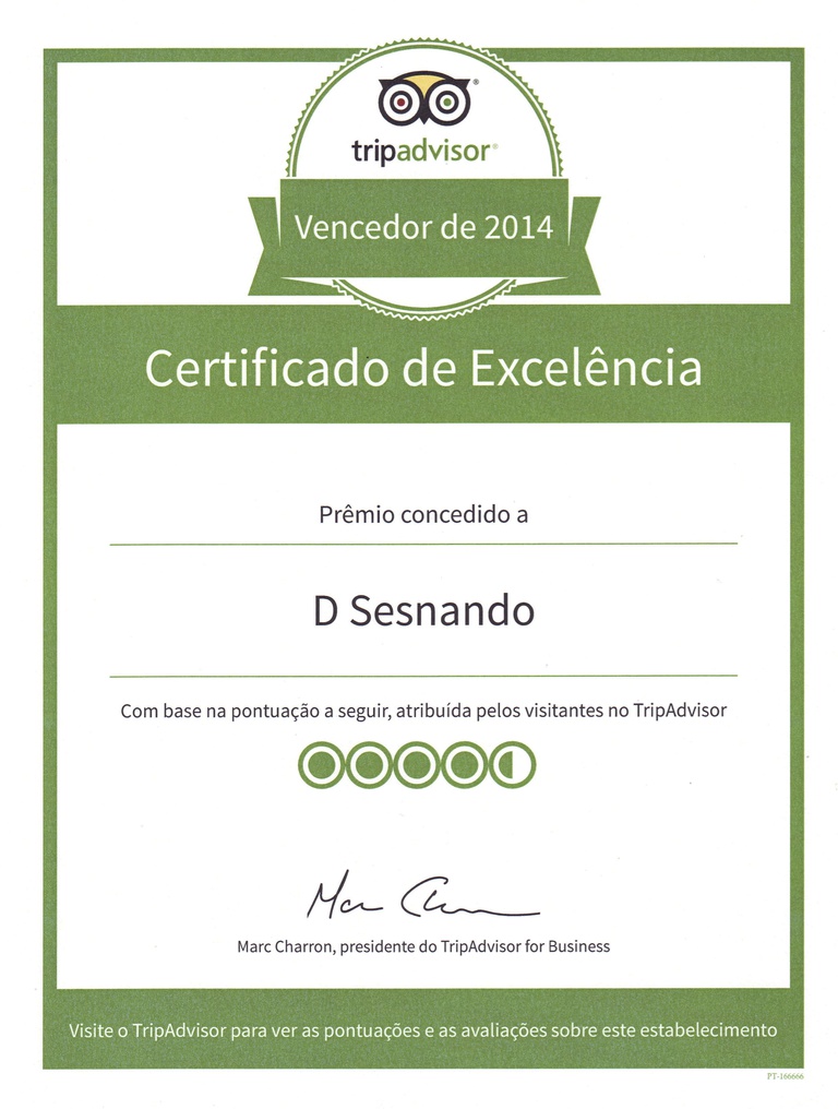O restaurante D. Sesnando é distinguido com o Certificado de Excelência Tripadvisor 2014